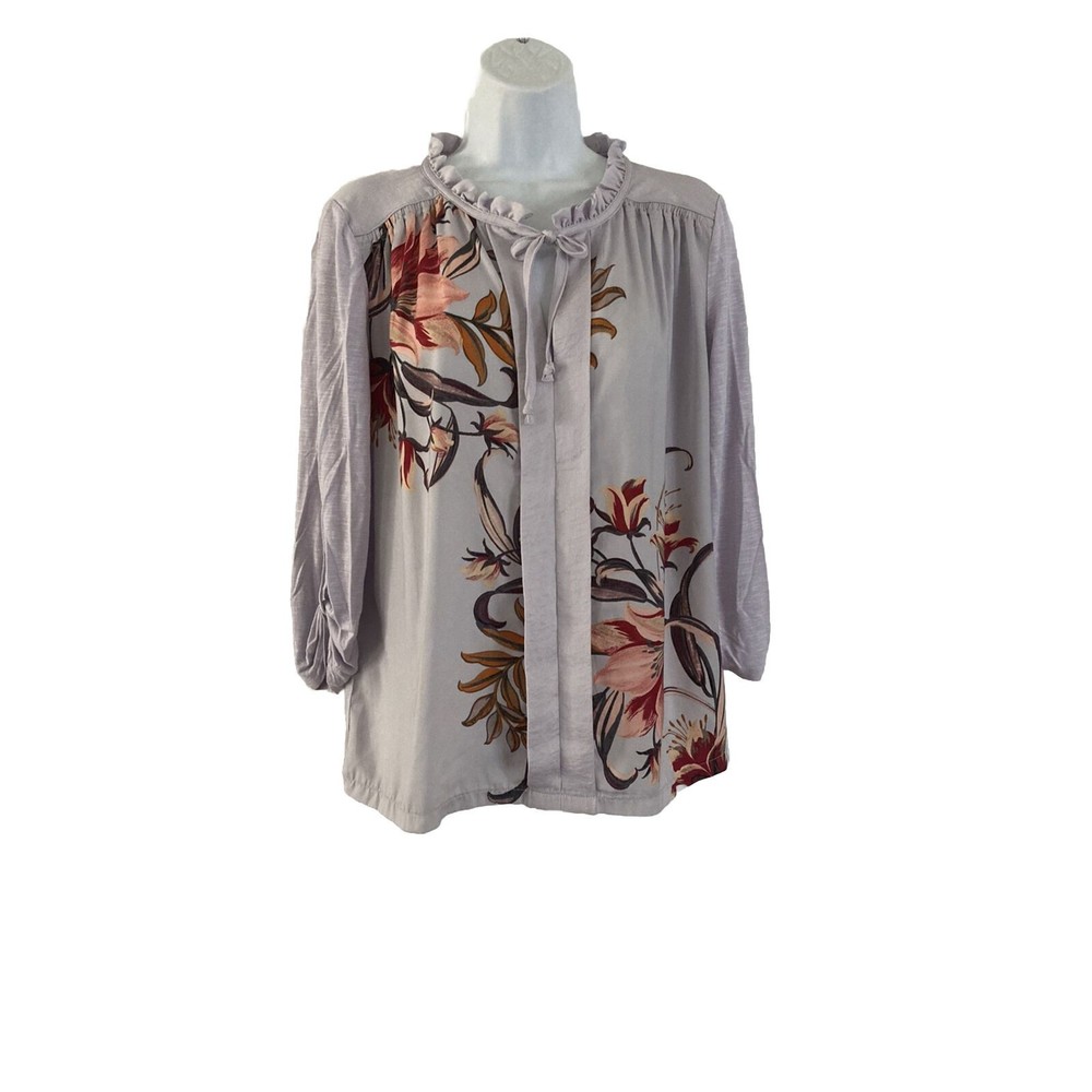 Meadow Rue Evella Blouse Womens Size M Lavender Tie Neck 3/4 Sleeve Roll Tab Top